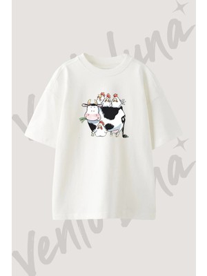 Inek Tavuk Tasarım Baskılı Unisex Oversize Kalıp Beyaz Tshirt