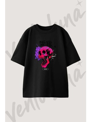 Neon Kafatası Tasarım Baskılı Unisex Oversize Kalıp Siyah Tshirt
