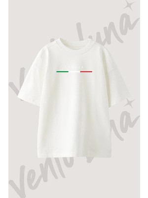 Italia Tasarım Baskılı Unisex Oversize Kalıp Beyaz Tshirt
