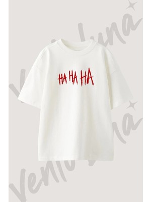 Joker Haha Tasarım Baskılı Unisex Oversize Kalıp Beyaz Tshirt
