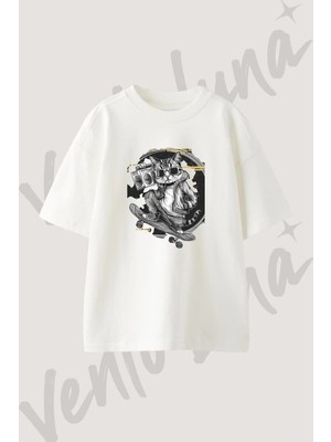Skater Cat_1 Tasarım Baskılı Unisex Oversize Kalıp Beyaz Tshirt