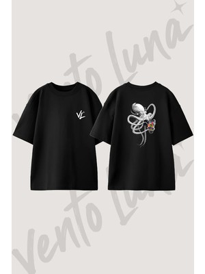 Ahtapot Rubik Kup Tasarım Sırt Baskılı Pamuk Siyah Oversize T-Shirt