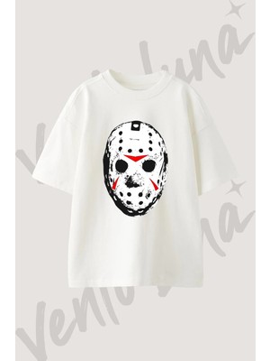 Jason Mask Tasarım Baskılı Unisex Oversize Kalıp Beyaz Tshirt