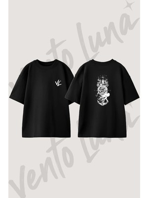 Ahtapot Pusula Fener Tasarım Sırt Baskılı Pamuk Siyah Oversize T-Shirt