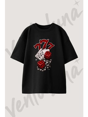 777 Poker Zar Tasarım Baskılı Unisex Oversize Kalıp Siyah Tshirt