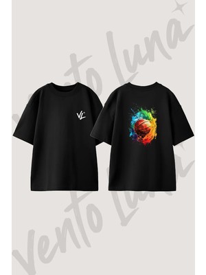 Basketball Splash Tasarım Sırt Baskılı Pamuk Siyah Oversize T-Shirt