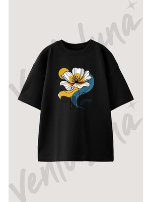 Abstract Flower Tasarım Baskılı Unisex Oversize Kalıp Siyah Tshirt