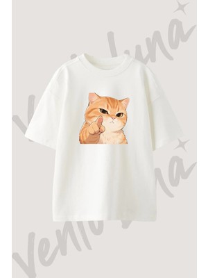 Anime Pointing Cat Tasarım Baskılı Unisex Oversize Kalıp Beyaz Tshirt