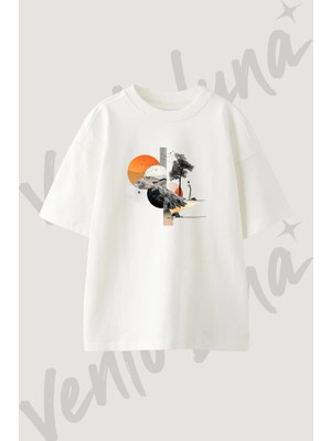 Kadin Peyzaj Kolaj Tasarım Baskılı Unisex Oversize Kalıp Beyaz Tshirt