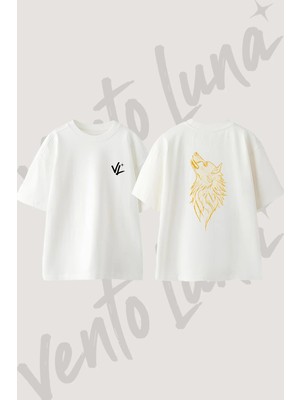 Golden Wolf Tasarım Sırt Baskılı Pamuk Beyaz Oversize T-Shirt