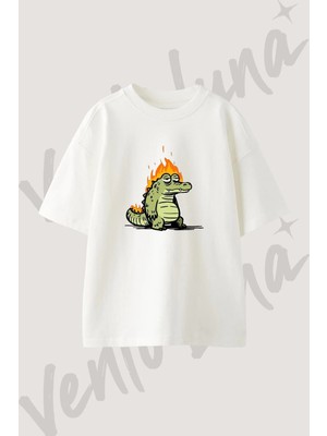Alligator Fire Tasarım Baskılı Unisex Oversize Kalıp Beyaz Tshirt