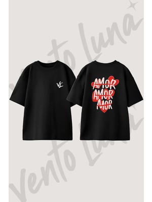 Amor Heart Tasarım Sırt Baskılı Pamuk Siyah Oversize T-Shirt