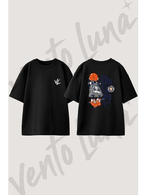Basketbol Robot Tasarım Sırt Baskılı Pamuk Siyah Oversize T-Shirt