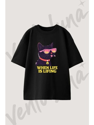 Alevli Gorluk Kedi Tasarım Baskılı Unisex Oversize Kalıp Siyah Tshirt