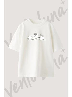 Sheep Yoga Tasarım Baskılı Unisex Oversize Kalıp Beyaz Tshirt