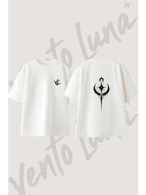 Gothic Crescent Star Tasarım Sırt Baskılı Pamuk Beyaz Oversize T-Shirt