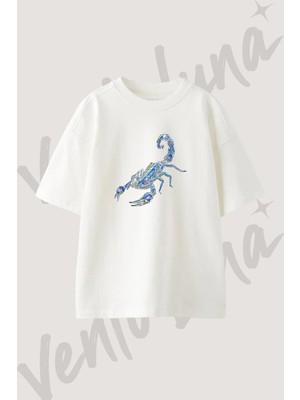 Crystal Scorpion Tasarım Baskılı Unisex Oversize Kalıp Beyaz Tshirt