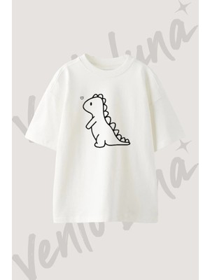 Cute Dinosaur_5 Tasarım Baskılı Unisex Oversize Kalıp Beyaz Tshirt