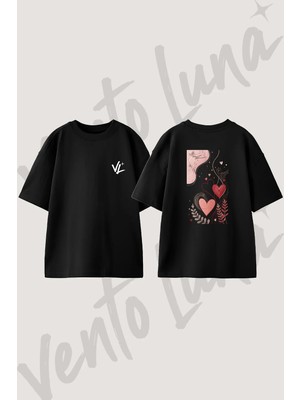 Ask Kalpleri Tasarım Sırt Baskılı Pamuk Siyah Oversize T-Shirt