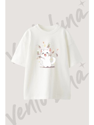 Anime Kedi Para Tasarım Baskılı Unisex Oversize Kalıp Beyaz Tshirt
