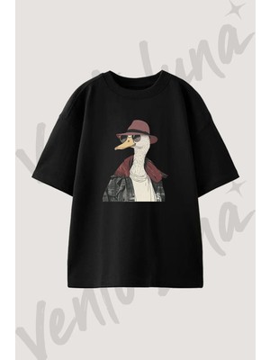 Ordek Hipster Tasarım Baskılı Unisex Oversize Kalıp Siyah Tshirt