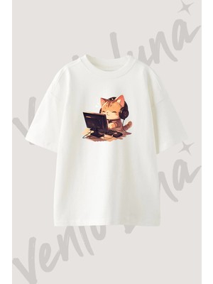 Anime Kedi_2 Tasarım Baskılı Unisex Oversize Kalıp Beyaz Tshirt