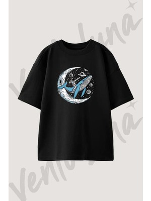 Astronaut Whale Tasarım Baskılı Unisex Oversize Kalıp Siyah Tshirt