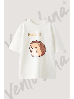 Hedgehog Tasarım Baskılı Unisex Oversize Kalıp Beyaz Tshirt