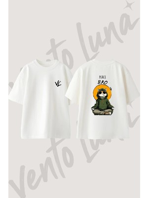 Chill Cat Tasarım Sırt Baskılı Pamuk Beyaz Oversize T-Shirt