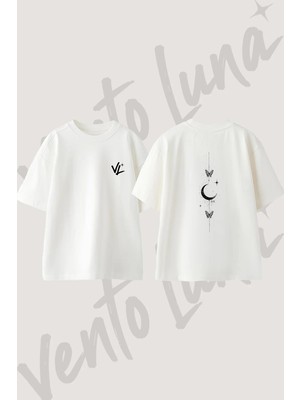 Ay Kelebek_1 Tasarım Sırt Baskılı Pamuk Beyaz Oversize T-Shirt