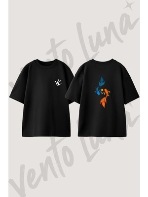 Balik Gun Ay Tasarım Sırt Baskılı Pamuk Siyah Oversize T-Shirt