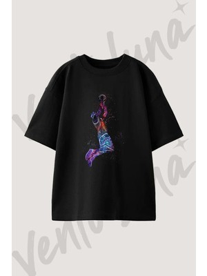 Soyut Basketbol Tasarım Baskılı Unisex Oversize Kalıp Siyah Tshirt