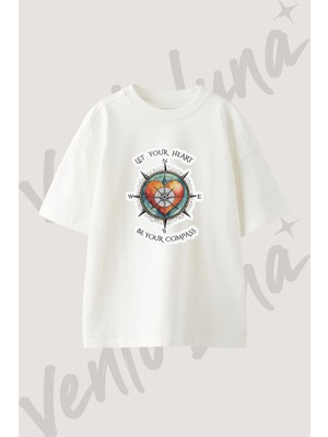 Heart Compass Tasarım Baskılı Unisex Oversize Kalıp Beyaz Tshirt
