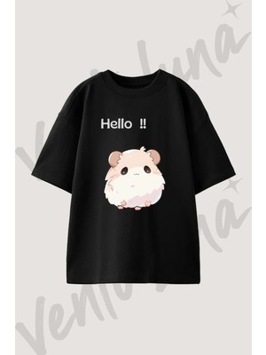 Cute Hamster_1 Tasarım Baskılı Unisex Oversize Kalıp Siyah Tshirt