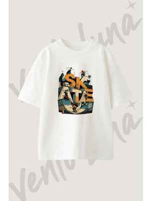 Skate Art_2 Tasarım Baskılı Unisex Oversize Kalıp Beyaz Tshirt