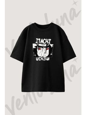 Itachi Uchiha Tasarım Baskılı Unisex Oversize Kalıp Siyah Tshirt