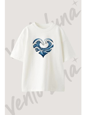 Hokusai Dalga Tasarım Baskılı Unisex Oversize Kalıp Beyaz Tshirt