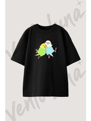Hugging Budgies Tasarım Baskılı Unisex Oversize Kalıp Siyah Tshirt