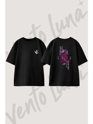 Chinese Dragon Calligraphy Tasarım Sırt Baskılı Pamuk Siyah Oversize T-Shirt
