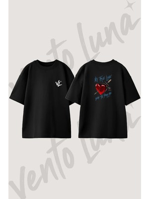 Christian Heart Tasarım Sırt Baskılı Pamuk Siyah Oversize T-Shirt