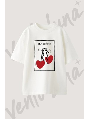 Kalpler Kurdele Tasarım Baskılı Unisex Oversize Kalıp Beyaz Tshirt