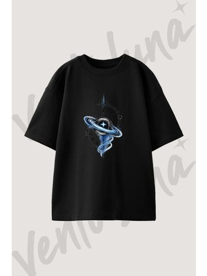 Kara Delik Saat_1 Tasarım Baskılı Unisex Oversize Kalıp Siyah Tshirt