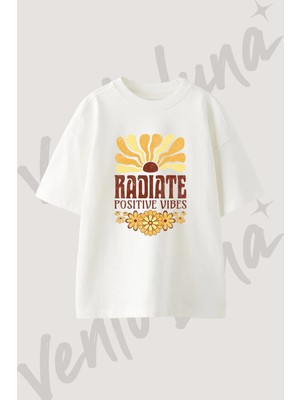 70S Cicek Tasarım Baskılı Unisex Oversize Kalıp Beyaz Tshirt