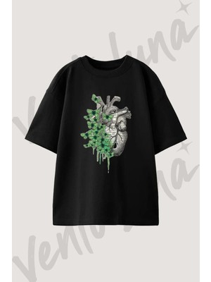 Anatomical Heart Butterfly Tasarım Baskılı Unisex Oversize Kalıp Siyah Tshirt