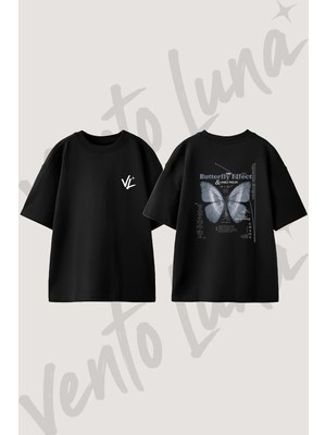 Butterfly Effect_1 Tasarım Sırt Baskılı Pamuk Siyah Oversize T-Shirt