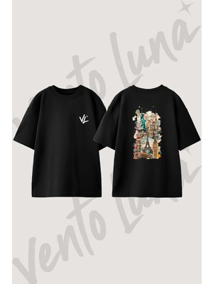 Eiffel Ozgirluk Bigben Tasarım Sırt Baskılı Pamuk Siyah Oversize T-Shirt