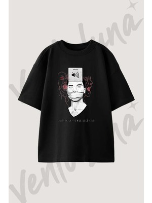 Muted Speech Tasarım Baskılı Unisex Oversize Kalıp Siyah Tshirt
