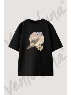 Moon Saturn Butterfly Tasarım Baskılı Unisex Oversize Kalıp Siyah Tshirt