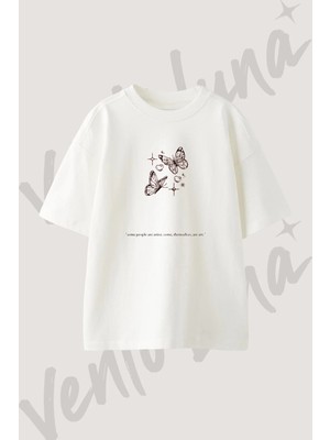 Aesthetic Butterfly Tasarım Baskılı Unisex Oversize Kalıp Beyaz Tshirt