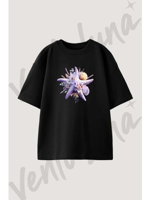 Mor Deniz Yildizi Tasarım Baskılı Unisex Oversize Kalıp Siyah Tshirt
